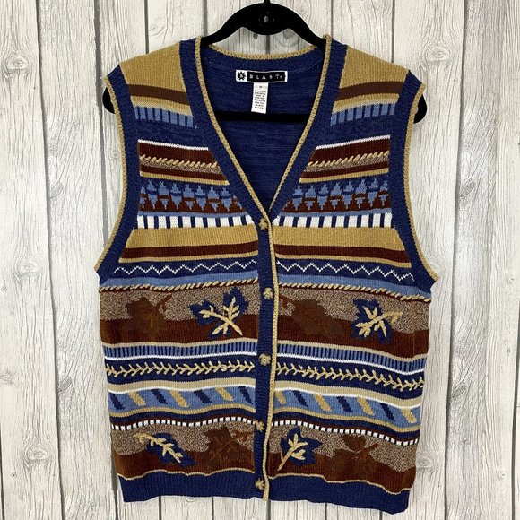 Blast Fall Leaves and Stripes Sweater Vest, Size Medium - Picture 1 of 4